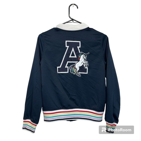 Abercrombie & Fitch Girls Varsity Jacket, Size 11/12 Blue Rainbow Unicorn Bomber